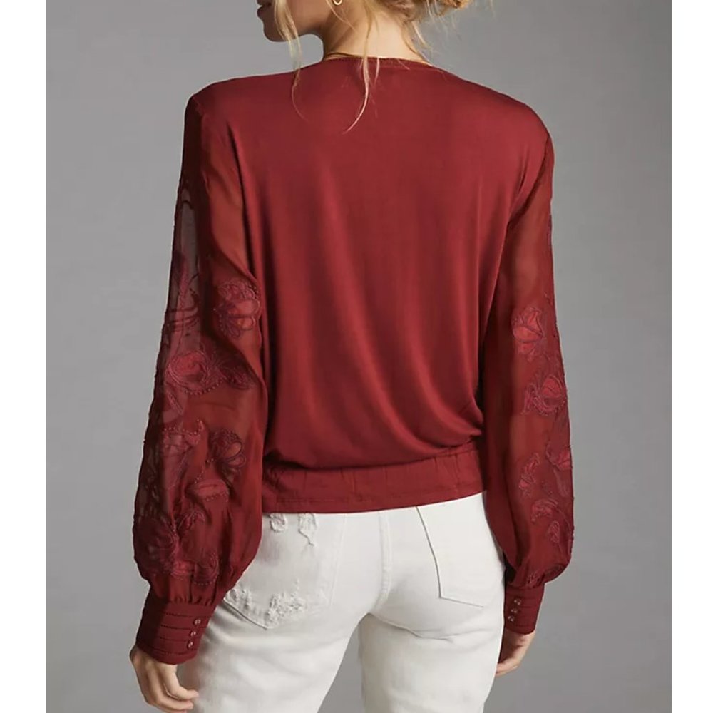 Anthropologie Embroidered Floral Buttondown Wine Red - Medium - Picture 2 of 7